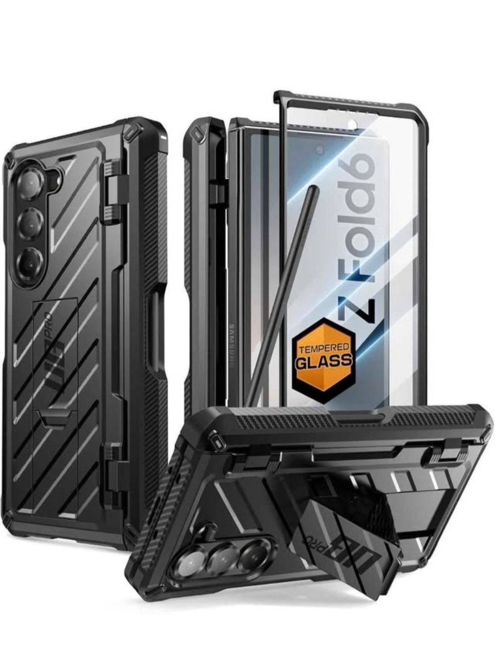 Rugged Black Protective Case with Tempered Glass for Z Fold6